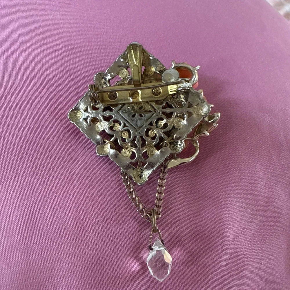Vintage Art Nouveau Carved Coral or Celluloid Rose Pendant‎ & Brooch